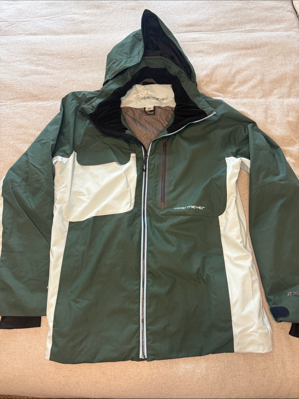 Obermeyer Men's Green and Light Blue Hooded Ski Jacket